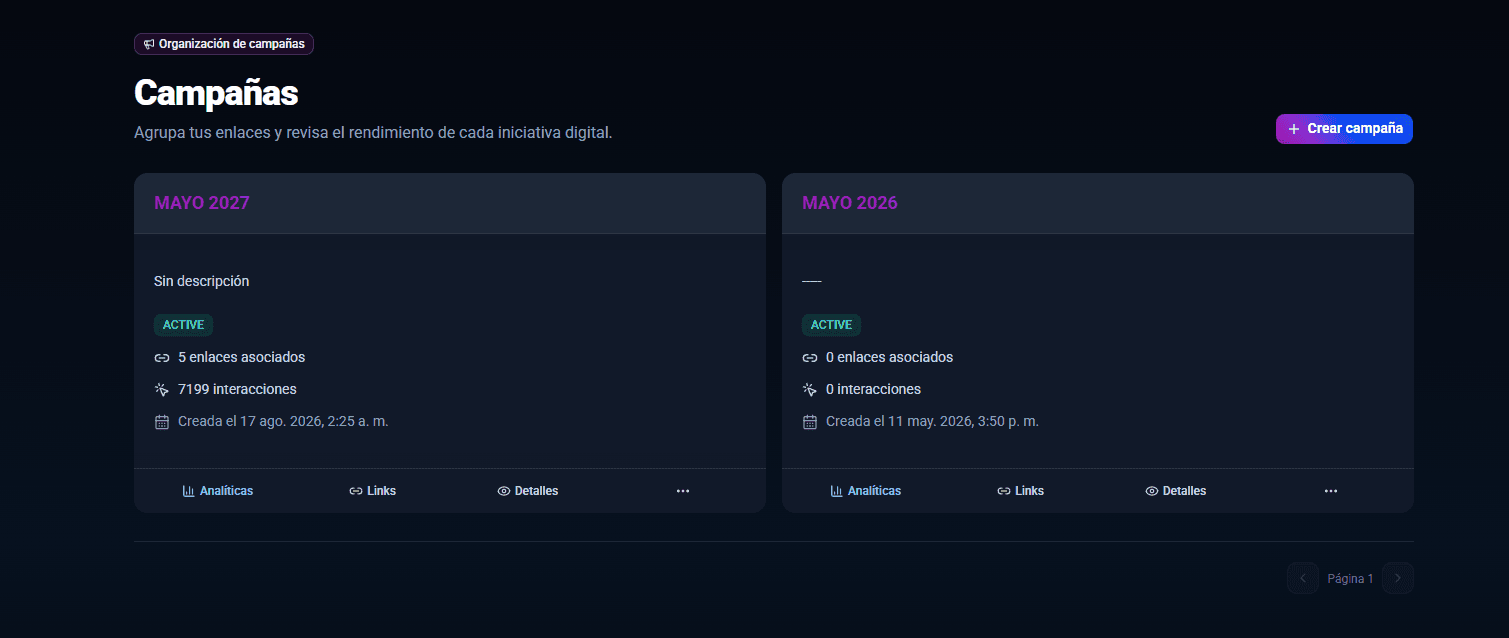 Vista de campañas de Linkevo