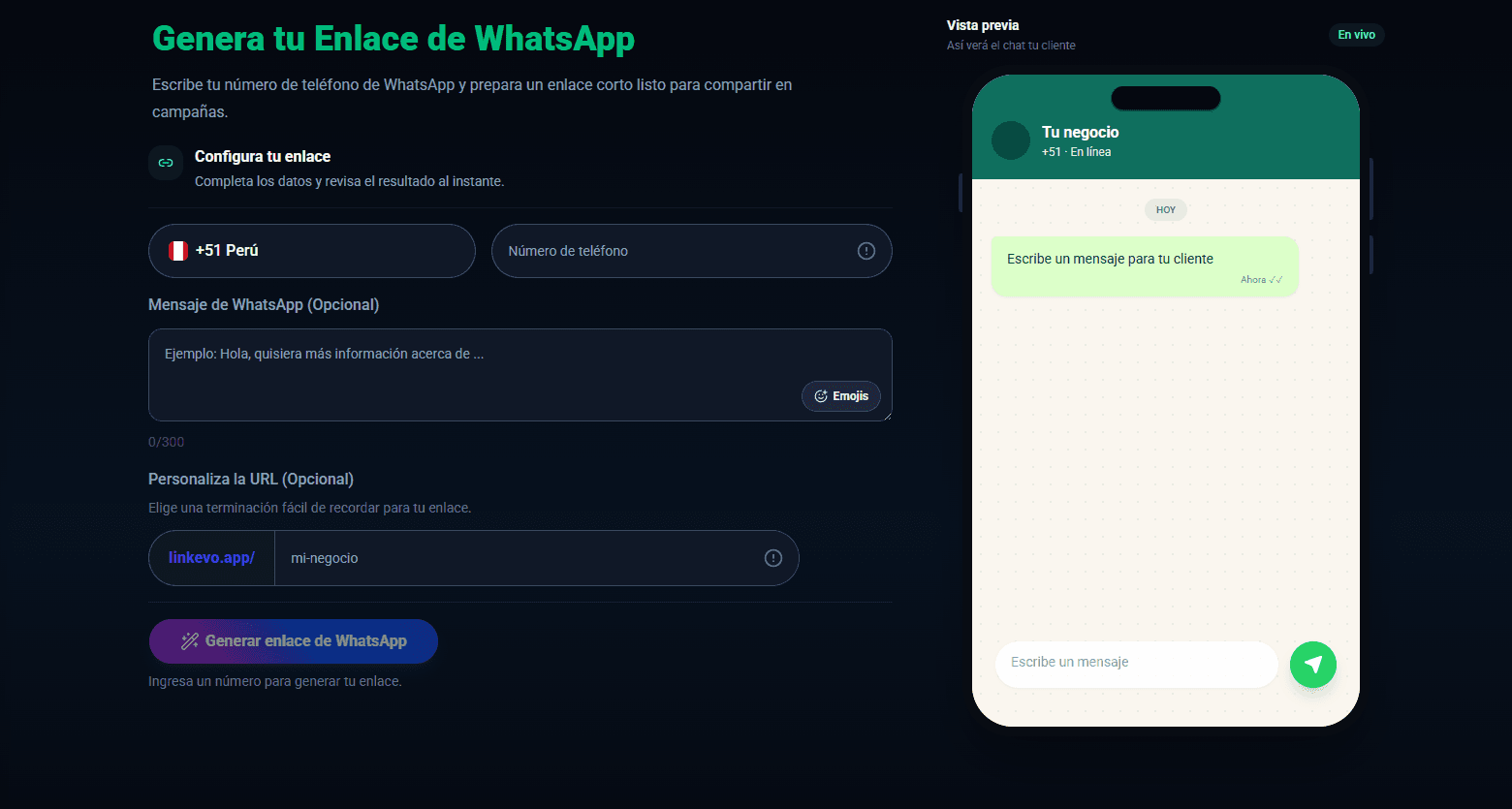 Generador de enlaces de WhatsApp de Linkevo